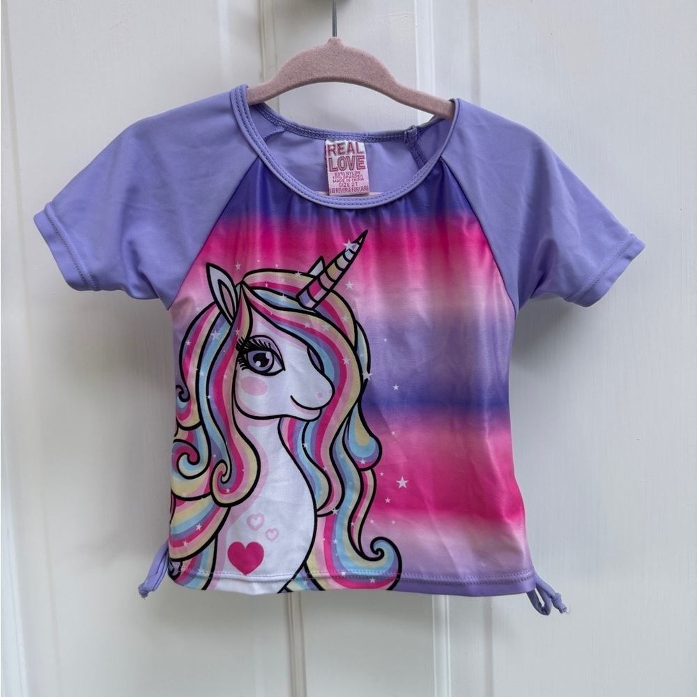 NWOT Real Love 2T Girls Pink & Purple Unicorn Swim Rashguard Shirt
